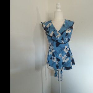Anthropologie Yumi Kim Blue Floral Wrap Sleeveless Blouse S